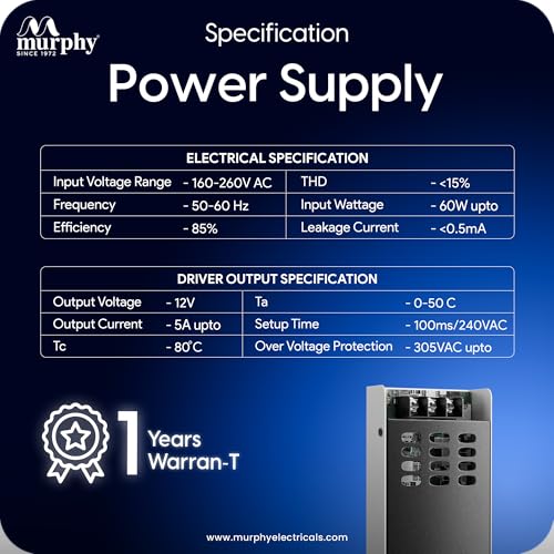 Image of Murphy 5A 12V DC LED Driver (SMPS) | Constant Voltage Power Supply for Indoor LED Strip Lights | Aluminium Body | BIS Approved | Pack of 1 (1-Year Warranty)