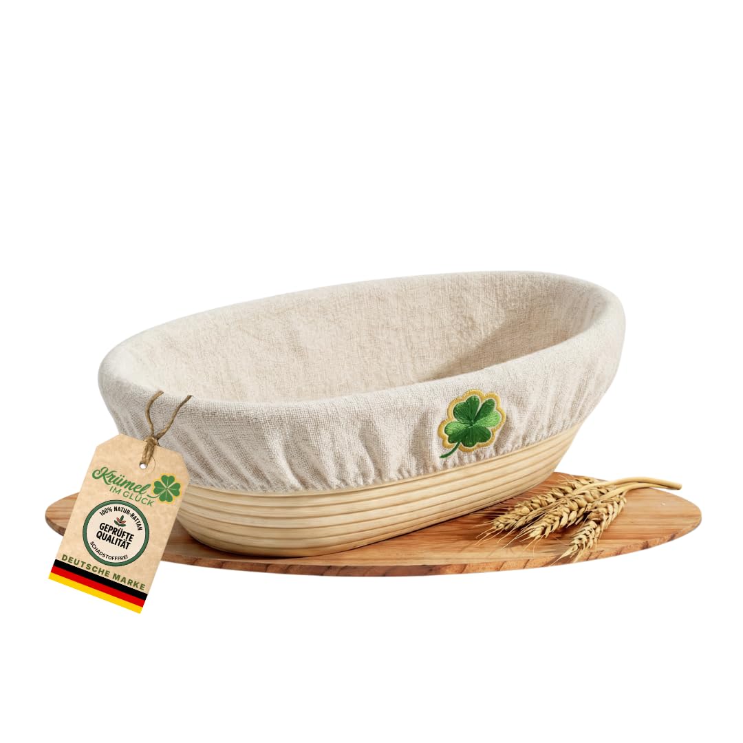 Krümel im Glück® Gärkörbchen OVAL 25 cm für längliche Brote - 100% Natur-Rattan inkl. waschbarem Überzug, Gärkorb als Backzubehör für Sauerteig-Starter & Bâtard Brot, Brotbacken Zubehör