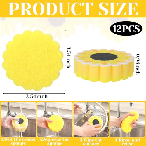 Image of Tioncy 12 Pack Sunflower Kitchen Sponges Bulk Dual Sided Scrubber Yellow Sunflower Sponges Dishwashing Kitchen Cleaning Accessories for Funny Christmas Holiday Household Supplies