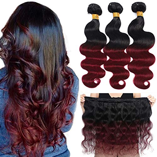 Ombre Brazilian Hair Body Wave Bundles 3pcs,Ombre Brazilian Virgin Hair Human Hair Weave Two Tone Black to Burgundy (T1B/99J, 12 12 14)