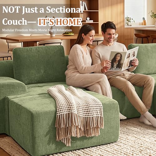 Image of 122 inch Oversized Boneless Couch, Comfort Cloud Sectional Couches for Living Room, Modular Sofa High Back & Extra Deep Seat, No Assembly, Soft Chenille Fabric (Olive Green, 122 inch-（3+0）)