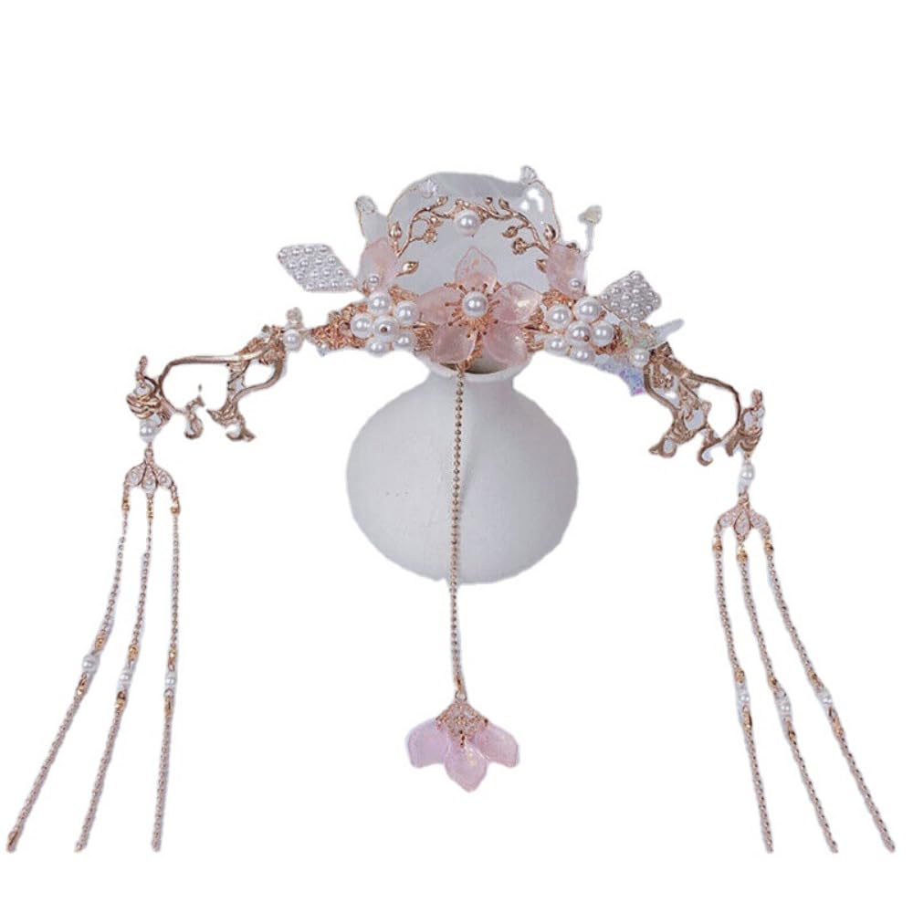 Horquilla larga china con borla larga con flor y perlas Hanfu. Accesorios para el cabello