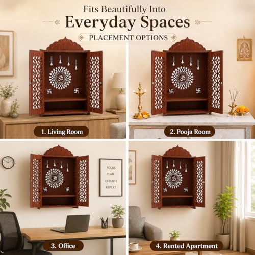 Image of The Castle Decor Wooden Mandir for Home, Premium MDF Home Temple with Double Doors for Pooja Room, Wall Hanging & Tabletop Temple, Matte Finish, 16.5 x 24.5 x 10.5 Inch