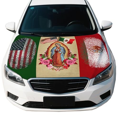 Mexico Our Lady of Guadalupe Flag Car Hood Cover, 4 x 5 Feet Mexico AME rica Friendshi[p, Elastic Fabric, Vehicle Bonnet Banner