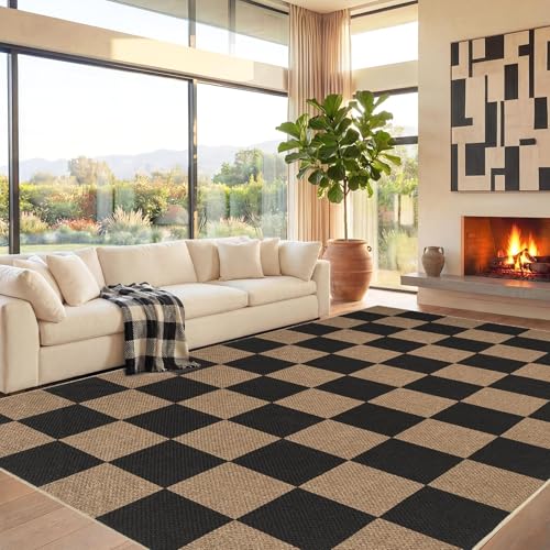 Sasttie 9x12 Checkered Jute-Look Entryway Rug, Washable Rug Front Door Mat