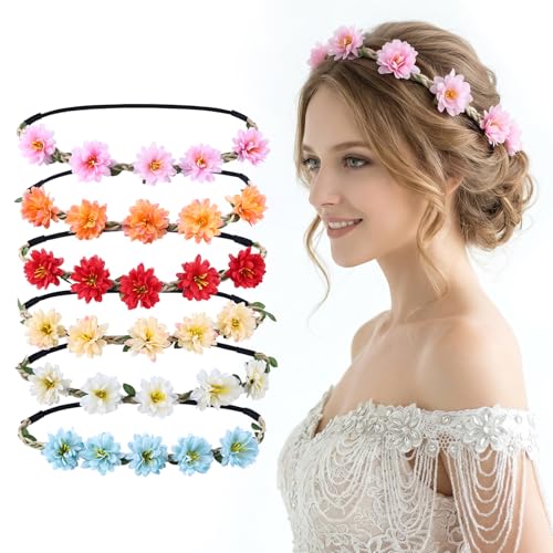ownoxy Flower Crown for Women Girls 6 Pcs Flower Headpiece Boho Floral Headband for Wedding Birthday Festival Party Photo Shoot & Daily Wear