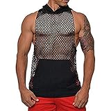 COOFANDY Mens Long Sleeves Muscle See Through Sexy Mesh Transparent Shirt with Hoodie,Black2,Large
