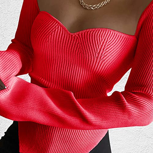 Image of Women's Square Neck Ribbed Knitted Sweater Long Sleeve Crop Slim Fitted Basic Pullover Tops