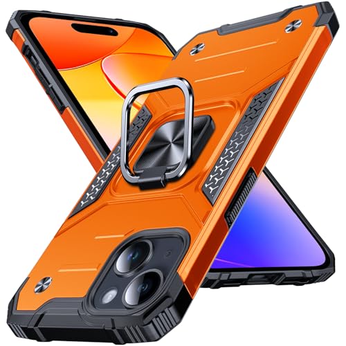 Image of Anqrp Heavy Duty Case for iPhone 15 Case with Enhanced Ring Holder Grip Stand, Military Grade Shockproof Rugged Drop Protective Silicone Hard Slim iPhone 15 Phone Case Cover,Orange