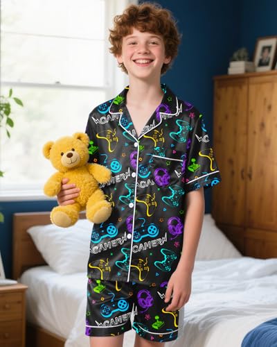 Boys Pajamas Kids Silky Satin Pajamas Set 2Pcs Boys Summer Short Sleeve Button-Down Pjs Lounge Sleepwear Nightwear Size 8-142