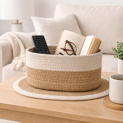 Image of Remote Stand for Table | Cotton Rope Storage Basket for Makeup Organisers, Coffee Table Organiser & Remote Holder for Living Room | Eco-Friendly Dual-Tone Organizer with Mat (Off-White & Beige)