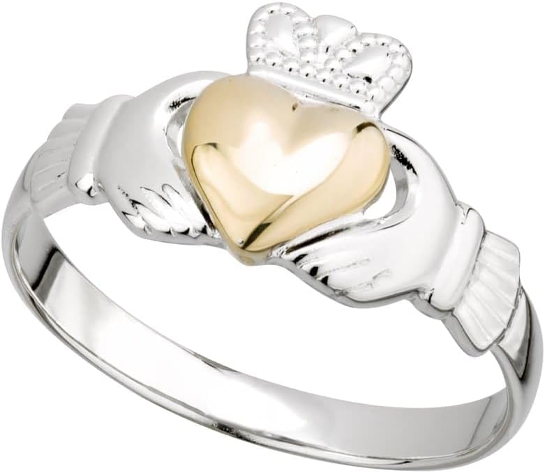 Women's Irish Claddagh Ring, Real 925 Sterling Silver & 10k Gold, Hallmarked Imported Celtic Jewelry