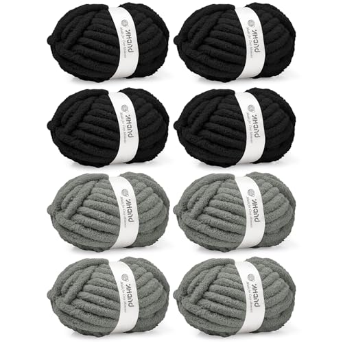 Image of Inhand Chunky Chenille Yarn for Hand Knitting, Thick Bulky Blanket Yarn for Crocheting, Soft Fluffy Yarn for Crochet Gifts & Crafts for Women /Beginners,8 Pack (29.5 yds /8.4 oz Each), Black & Gray-Mix