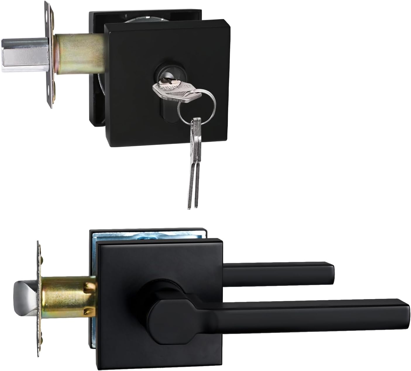 NEWBANG Keyed Deadbolt Lock with Passage Lever Handle for Exterior Entrance in Matte Black, Heavy Duty and Reversible, HD1601-DB-DT-PS-SET-1P