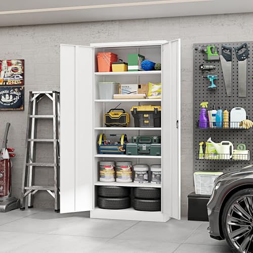 Image of Yizosh Metal Garage Storage Cabinet with Lock, 72 inch Locking Tool Cabinet with 2 Doors and 4 Shelves, Tall Steel Cabinet for Garage, Heavy Duty File Cabinet for Office, School (White)