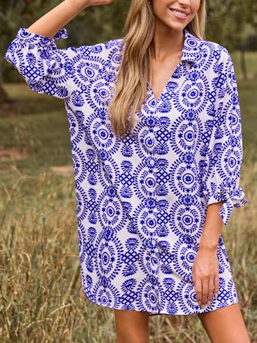 Image of CUPSHE Women Mini Summer Dress Cover Up Oversize Floral Shirt 3 /4 Sleeve Cuff Tie Button Down Beach Dresses Cover Up Top
