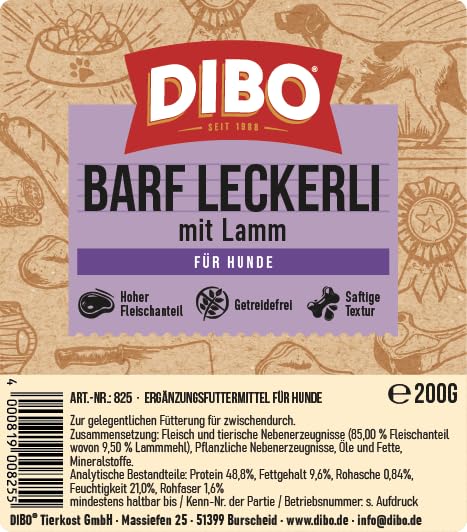 Dibo Barf Leckerli, 200g Pferd, Wild, Strauß, Lamm, Ente Hundesnack klein und praktisch Trainings Hundeleckerlies zuckerfrei, gesund und lecker (Lamm)