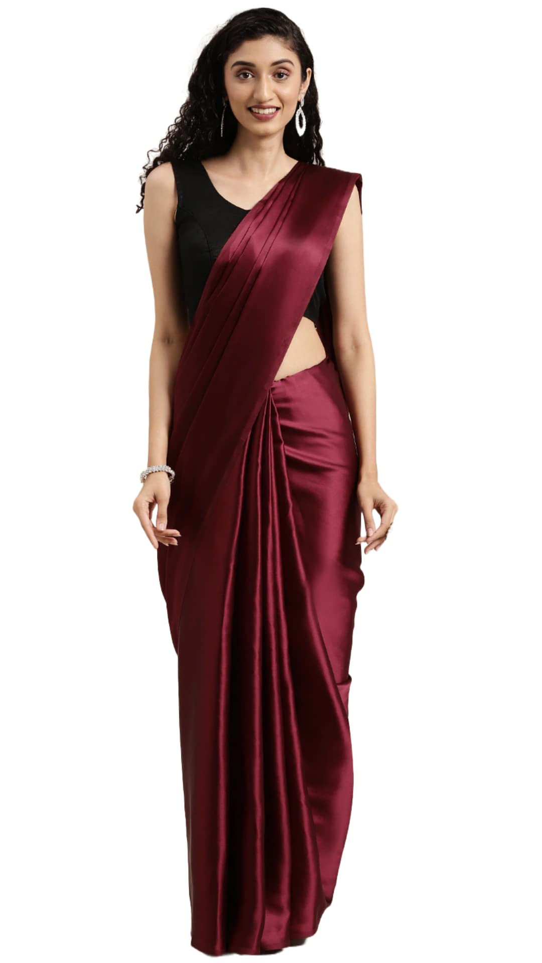 Pandadi SareeWomen's Satin Silk Plain Saree With Unstitched Sequence Blouse Piece, Maroon, One Size