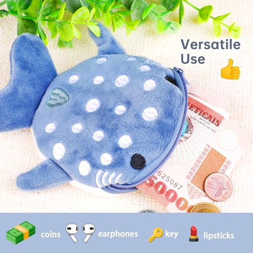 Shark Coin Purse Cute Small Wallet Plush Cartoon Cosmetic Items Bag Animal Zipper Keychain Change Purse Mini Earphone Bag Funny Novelty Coin Pouch for Women(Blue)3