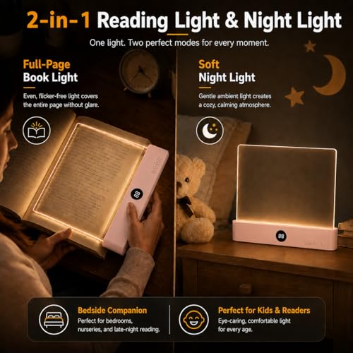 Image of 2 in 1 Smart LED Book Light & Night Light, with 3 Colors, Stepless Dimming | Rechargeable Clear Full Page Reading Light with Timer, Eye-Friendly Gifts for Readers, Students, Seniors & Book Lovers, Pink
