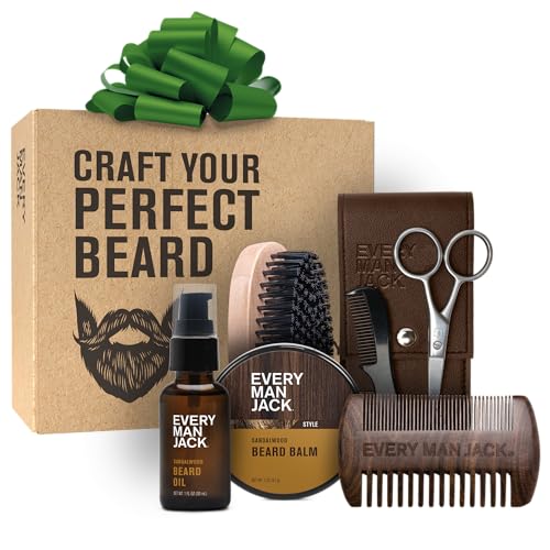 Every Man Jack Beard Grooming Kit for Men - Includes Sandalwood Beard Oil & Beard Balm, Beard Brush,...