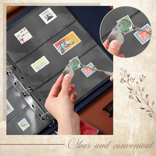 Image of Stamp Collecting Album Binder Kit for Collectors, 1 /2 /3 /4 Rows Banknotes Storage Book with 20 Stamp Pages, 4 Ring Binder, Tweezers and Magnifier, for Paper Money Bill Postage, Beginner Hobbyists Gift