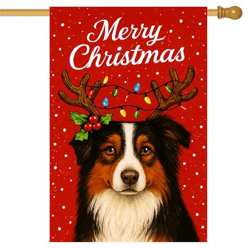 BlissYard Merry Christmas Garden Flag Australian Shepherd Dog Reindeer Antlers Christmas Lights 28 x 40 Inch Double Sided Yard Banners for Dog Lovers Porch Home Outdoor Winter Holiday Pet Decor