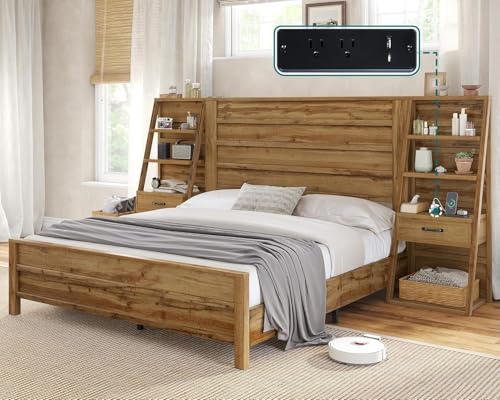Image of AMERLIFE King Size Platform Bed Frame with Wide Headboard & Bookshelves