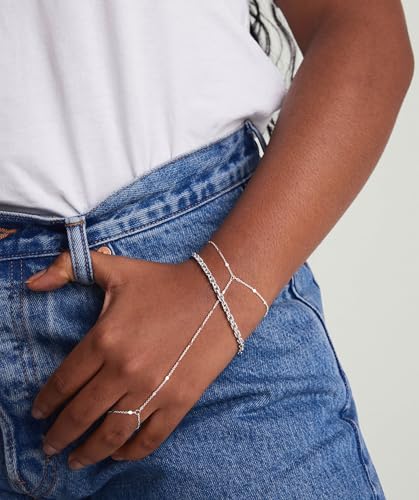 Moodear Sterling Silver Dainty Ring Bracelet Hand Chain for Women - 14K Gold Plated/Sterling Silver Layered Adjustable Satellite Bead Paperclip Dot CZ Link Hand Chain Bracelets Non Tarnish Trendy Jewelry Gift4