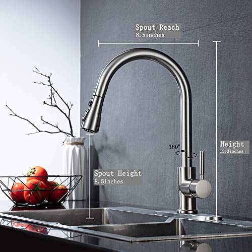 Kitchen Faucet Single Handle Brushed Nickel with Pull Down Sprayer, Commercial High Arc Pull Out Stainless Steel Kitchen Sink Faucets Single Hole