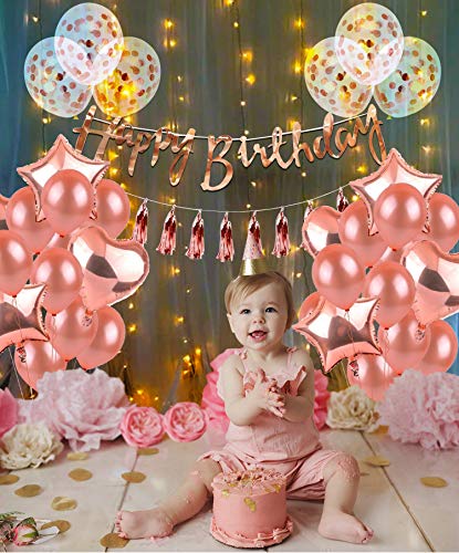 Image of Party Propz Rubber Rose Gold Birthday Decoration Kit-30Pcs Happy Birthday Banner With Happy Bday Ballons Banner LED Light And Tassel For Baby Girls, Boys, Women, Wife Theme Celebration Items