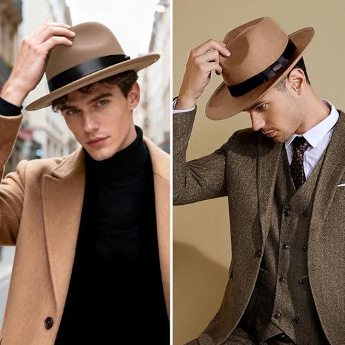 Image of BABEYOND 1920s Fedora Hat for Men Gatsby Wide Brim Fedora Hat Felt Panama Cap with Band for Women Men