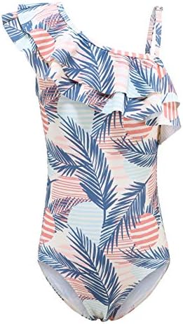 Big Girls One Piece Swimsuits One Shoulder Ruffle Bathing Suit Kids Hawaiian Floral Swimwear Palm Leaf Size 16/7-16