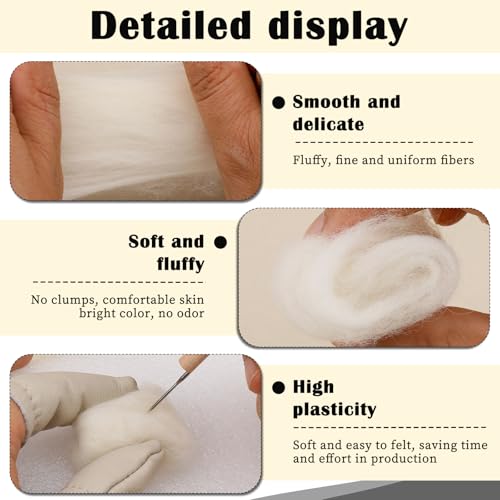 Image of Mayboos 1.76oz White Natural Wool Roving, Needle Felting Wool | Wool for Needle Felting White Color for Wet /Dry Felting Handcrafts and Spinning