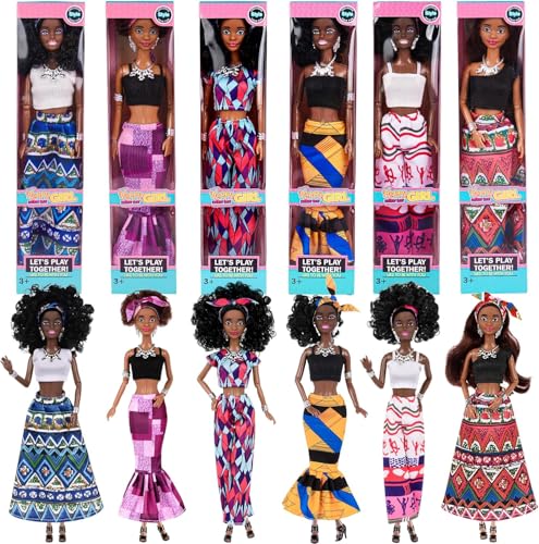 dollbie 6 Pack African American Fashion Dolls Set with Mix & Match Outfits – 11.5' Posable Black Dolls & 5 Accessories Each (Crown, Necklace,...