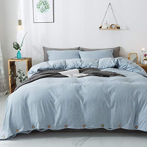 Linen Like Duvet Cover Twin(68x90 Inch), Button Closure Blue Duvet Cover Bedding Set