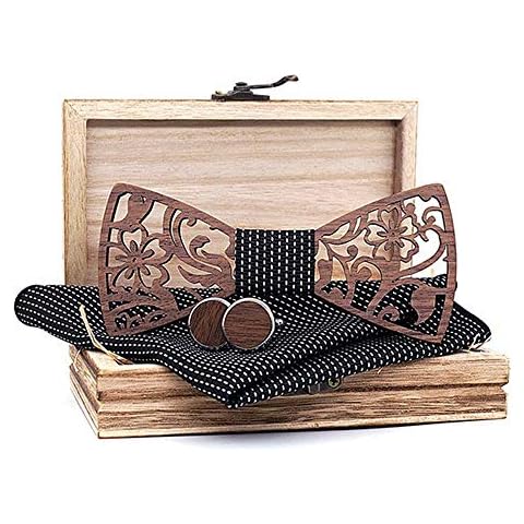 Uteruik Wooden Bow Tie Cufflinks Square Scarf Handkerchief Set Hollow Bowtie for Mens Wedding Suit Accessories with Gift Box (#B) Cover