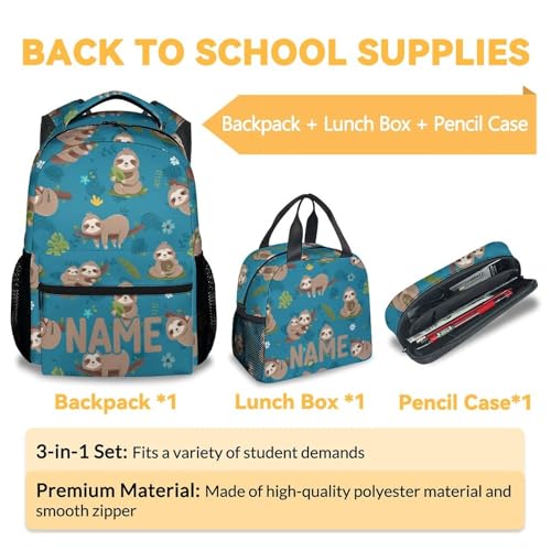 Personalized Sloth Backpack with Lunch Box - Set of 3 Custom School Backpacks Matching Combo - Cute Teal Blue Bookbag and Pencil Case Bundle3