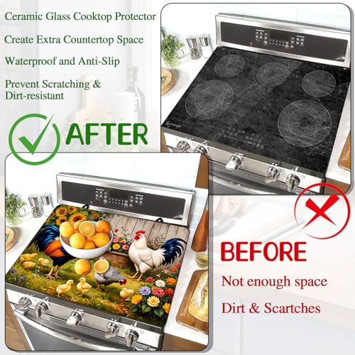 Image of Stove Top Cover for Electric Stove 28 inchx 20 inch, Vintage Farm Roosters Chicken Sunflower Heat Resistant Glass Top Stove Cover Protector, Glass Cooktop Covers, Kitchen Electric Flat Stove Top Covers