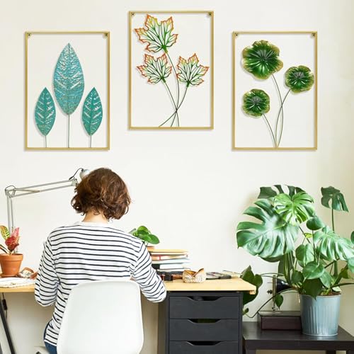 Image of Framing Hub Set of 3 Gold Metal Leaf Wall Art Modern Framed Sculptures for Living Room, Bedroom, Office (12 inchx18 inch Each)
