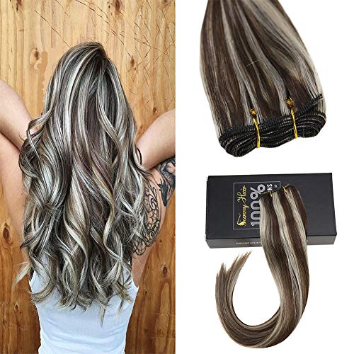 Sunny 7A Quality 100% Balayage Human Hair Bundles Weft Extensions Sew In Hair Extensions Human Hair Dark Brown Fading to Bleach Blonde 18inch One Bundle 100G Weight