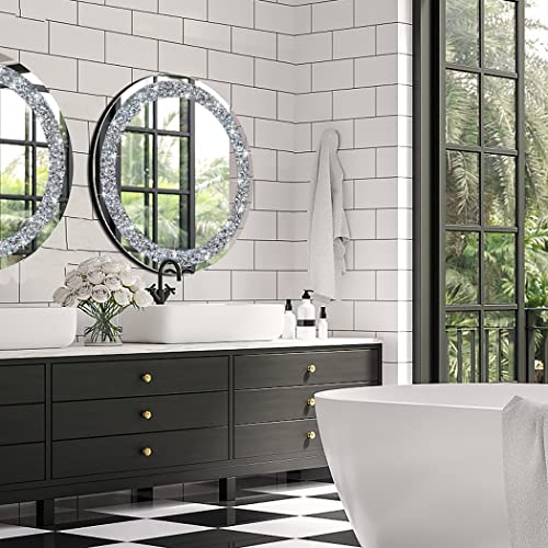 Crystal Crush Diamond Sparkly Round Silver Mirror For Wall Decoration 20X20X1 Inch Wall Hang Frameless Bling Stylish Gorgeous Glam Mirror Vanity Home Decor. #TOP5