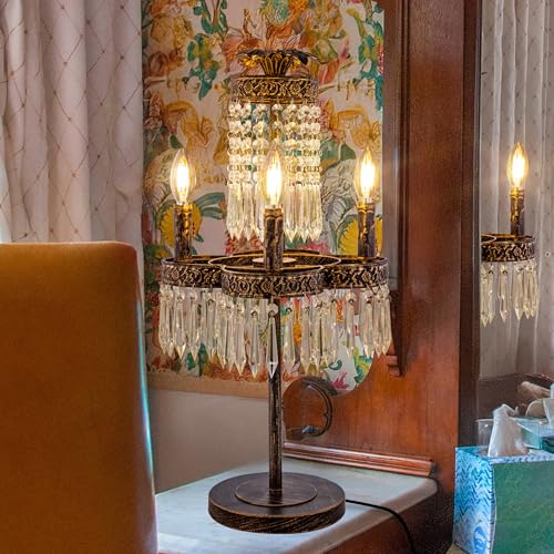 TOCHIC 26" Crystal Table Lamp for Living Room, 4 Lights Bedside Table Lamp Desk Lamps for Bedroom, Antique Bronze Night Stands Lamps for Foyer, Entryway, Staircase, Home Office, Kids Room