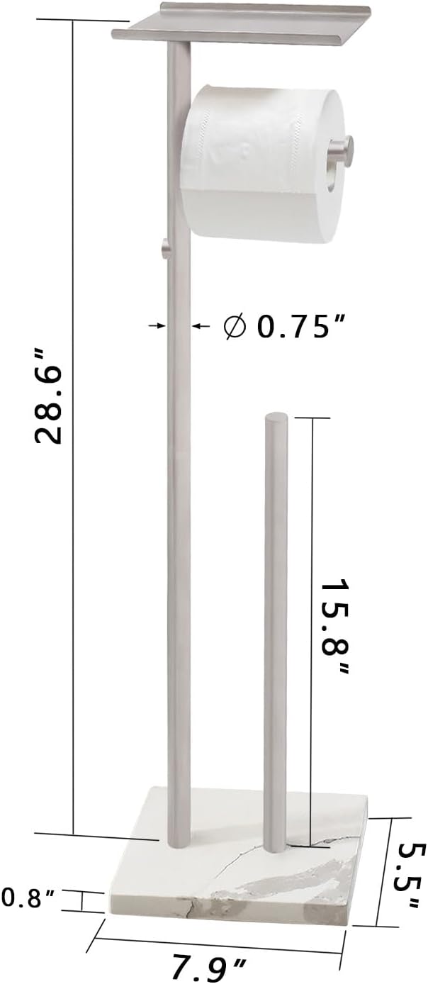 Toilet Paper Holder Stand with Shelf, Marble Base Heavy Free Standing Toilet Paper Double Roll Holders SUS304 Stainless Steel Brushed Nickel, Storages 4 Reserve Rolls Dispenser