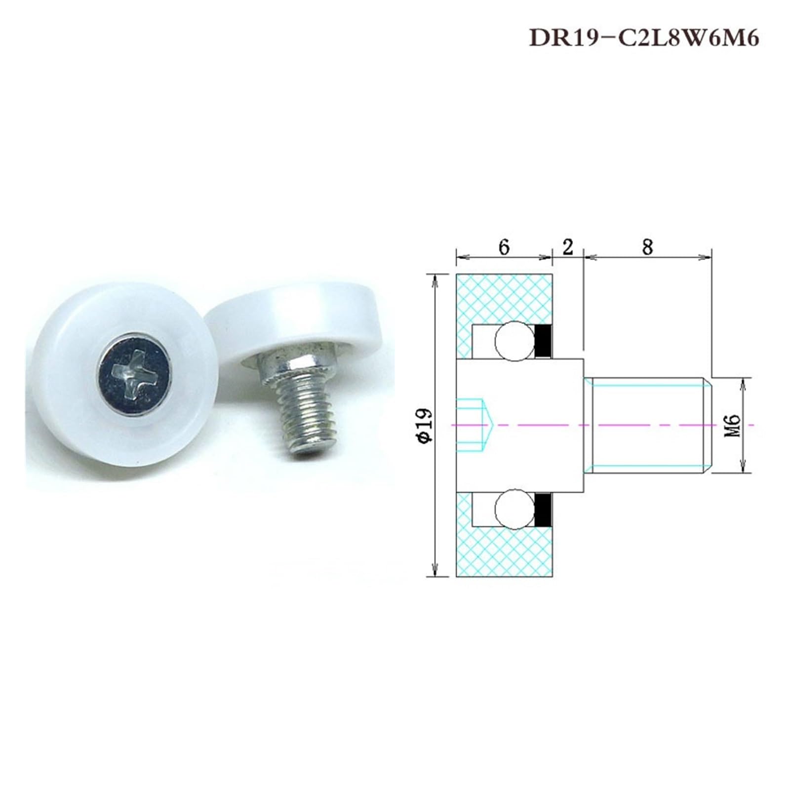 10 sztuk średnica zewnętrzna 19 mm śruba do szuflady POM DR19 C2L8W6M6 prowadnica meblowa koło pasowe do kasy POS (DU22-C2L8W7M6)