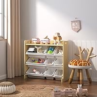 Generic Kids Toy Storage Organiser, 9-Shelf Modern Toy Box Organiser, Bedroom, Playroom, Nursery (Grey Wood With White Bins)