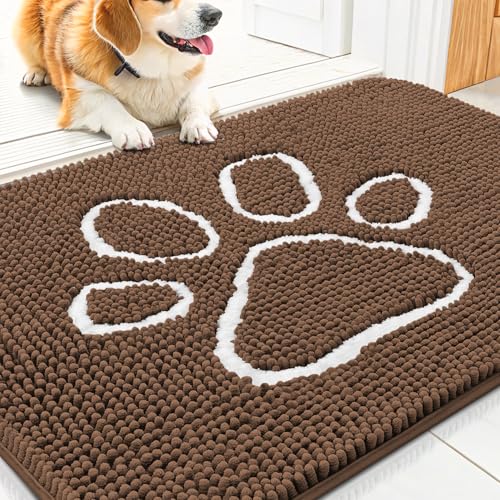 Image of Smiry Dog Door Mat for Muddy Paws, Absorbent Dirt Trapper Non Slip Quick Dry Washable Chenille Mat for Mud Dogs, Entry Rug for Indoor and Outdoor (30x20 Inches, Coffee and White)