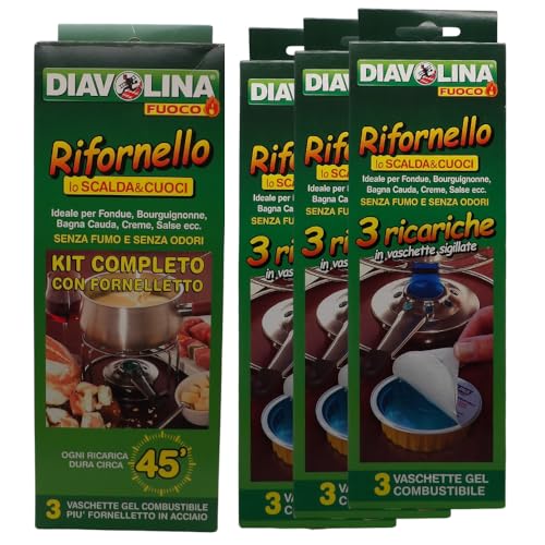 SET RIFORNELLO: Kit Completo con Fornelletto e 3 Ricariche + 3x Confezioni da 3 Ricariche di Gel Combustibile Ideale per Fondue, Bourguignonne, Bagna Cauda, Creme, Salse, Senza Fumo e Senza Odori