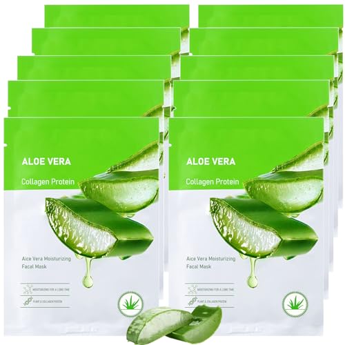 Aloe Vera Soothing Face Mask Hydrating,Moisturizing Long Lasting Facial Sheet Mask for All Skin Types,Soft Aloe Face Masks for Dry Skin,Pack of 10