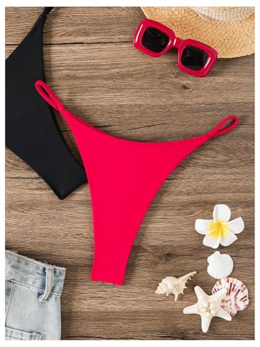 SweatyRocks Women's 2 Pack High Cut Thong Bikini Bottoms Cheeky Swimsuit Bathing Suit Bottoms Swimwear4